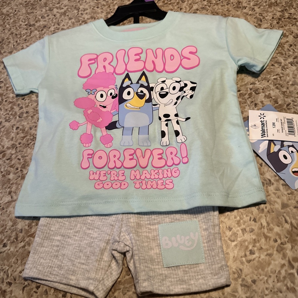 Bluey 2 Piece Short Set Girls 12M Friends Forever Aqua Geyser